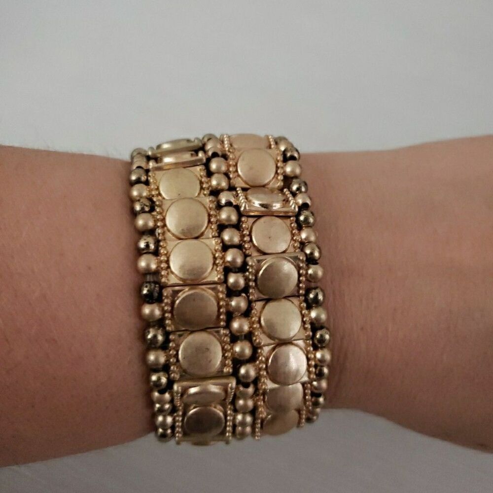 Etruscan Brushed Satin Gold Tone Stretch Bracelet Panel Coin Texture 1.25" Wide
